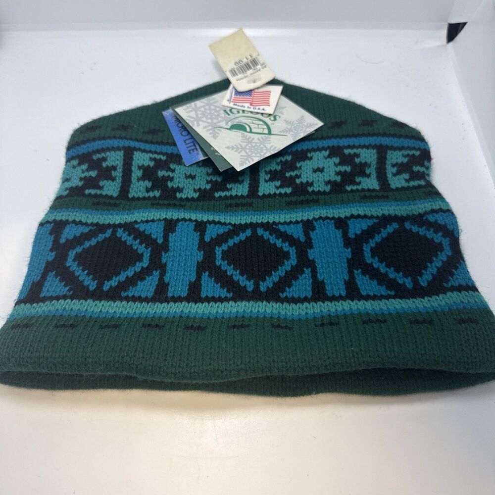 Vintage Igloos Geometric Knit Winter Beanie Hat Green Blue Made in USA NWT